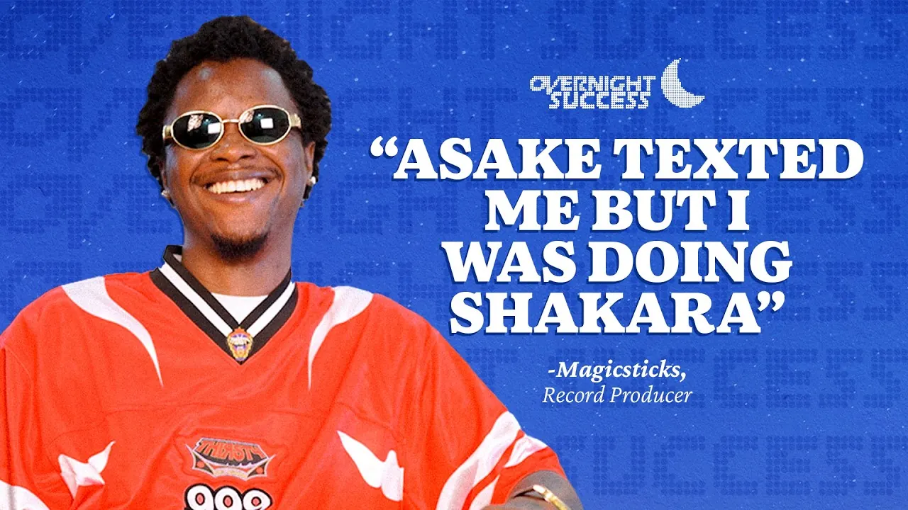 Magicsticks smiling in sunglasses beside the quote Asake texted me but I was doing shakara