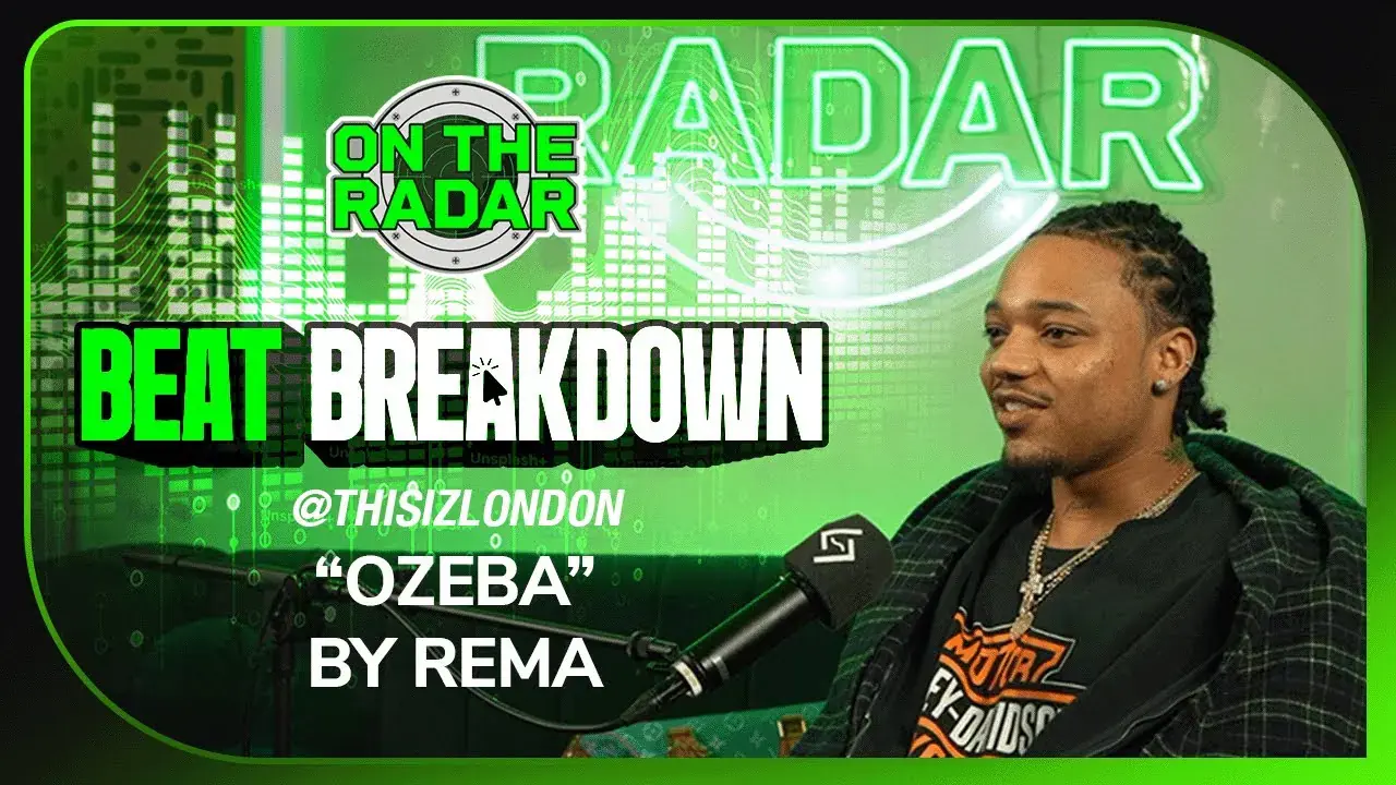 London smiling at a microphone beside the words Beat breakdown, Ozeba by Rema, on a green On The Radar set