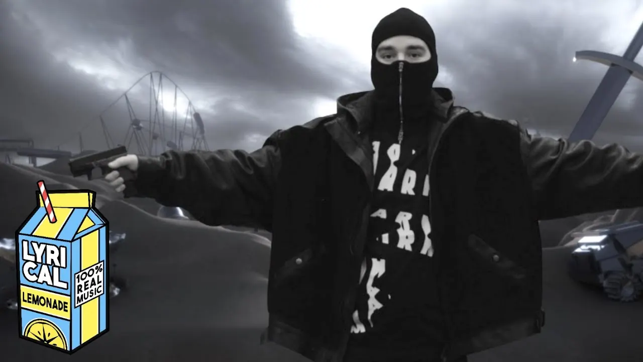 Yeat in a black balaclava spreads his arms against dark storm clouds, with a Lyrical Lemonade carton logo
