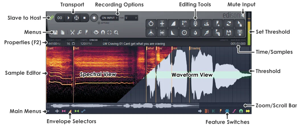 An audio editor showing the recorded waveform and a selected region