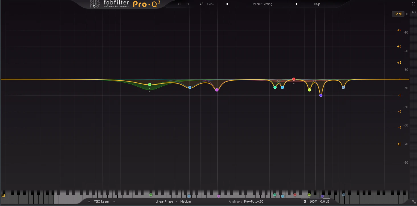FabFilter Pro-Q 3 with several bell-shaped cuts across the voice’s frequency range