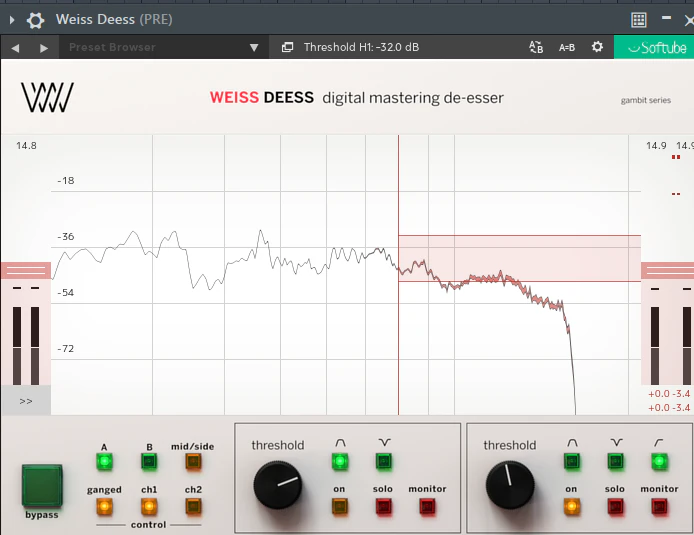 Weiss Deess with a high-frequency band selected and threshold, Solo and Monitor controls below