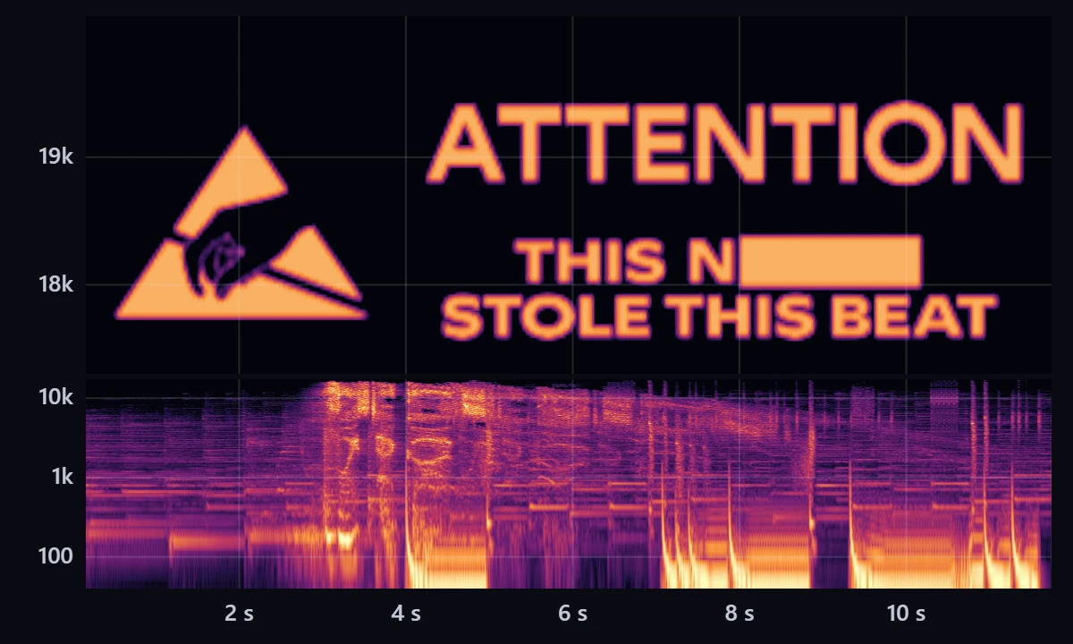 The same spectrogram after watermarking. The music below looks the same, and the enlarged top band shows a warning sign drawn in sound: a hand in a triangle beside the words “Attention,” “This N” followed by a censored word, and “stole this beat”